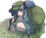  1girl backpack bag bangs blue_eyes blue_footwear blue_hair blue_nails blue_shirt blue_shorts boots eyebrows_visible_through_hair flat_cap frogsnake grass green_headwear gun hair_bobbles hair_ornament handgun hat head_tilt kappa kawashiro_nitori kneeling long_sleeves looking_at_viewer mouth_hold nail_polish pocket shirt short_twintails shorts sidelocks simple_background solo squatting stalk_in_mouth touhou twintails two_side_up weapon wheat white_background 