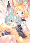  :3 ahoge animal_ear_fluff animal_ears blonde_hair blue_eyes blue_hair blush coat earclip eyebrows eyebrows_visible_through_hair fox_ears fox_girl fox_tail hair_intakes hands_on_another&#039;s_head highres long_hair meruru_(auzh4355) one_eye_closed open_mouth original shirt short_hair sitting skirt smile tail tail_hug tail_on_face very_long_hair white_coat white_shirt white_skirt 