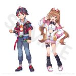  1boy 1girl black_hair black_jacket blue_pants brown_eyes brown_hair character_request commentary_request full_body hinagisa_yaya jacket long_hair medarot multicolored_hair official_art open_clothes open_jacket pants red_hair sample_watermark shirt short_hair strapless streaked_hair tube_top twintails two-tone_hair watermark white_jacket white_shirt white_tube_top 