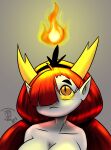  2021 big_breasts breasts crown demon disney erobuggy female fire grey_background hair hair_over_eye hekapoo hi_res horn horned_humanoid humanoid humanoid_pointy_ears long_hair looking_up n-kosi one_eye_obstructed orange_eyes pupils red_hair signature simple_background slit_pupils solo star_vs._the_forces_of_evil tiara white_body yellow_sclera 