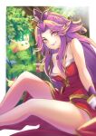  1girl angela_(seiken_densetsu_3) armor bare_legs breasts closed_mouth earrings faulds green_eyes hair_intakes highres jewelry leotard long_hair looking_at_viewer medium_breasts purple_hair rabite re_(re_09) red_leotard seiken_densetsu seiken_densetsu_3 shiny shiny_hair sitting smile solo strapless strapless_leotard very_long_hair 