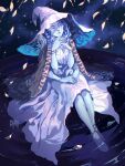  1girl barefoot blue_hair blue_skin blue_theme bonnie_tang closed_mouth colored_skin dress elden_ring extra_arms extra_faces hat long_dress looking_at_viewer own_hands_together ranni_the_witch sitting soaking_feet solo white_dress white_headwear witch_hat 