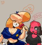  animal_crossing animal_humanoid anthro anthrofied big_breasts blush breasts canid canine canis cherry_(animal_crossing) clothing digital_media_(artwork) domestic_dog duo english_text female fingers fur hair hi_res humanoid isabelle_(animal_crossing) kiss_the_carrot mammal nintendo open_mouth piercing police red_body red_fur shaded simple_background smile text video_games yellow_body yellow_fur 