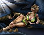  5:4 absurd_res accessory afantasyhero animal_print anthro big_breasts bikini breasts brown_eyes brown_hair cleavage clothed clothing curvy_figure dragon eyewear female feral flag_bikini giraffe giraffid glasses hair headband hi_res hooves jamaican jamaican_flag jamaican_flag_bikini leopard_print looking_at_viewer lying male mammal mythological_creature mythological_scalie mythology on_side prince_azurius scales scalie shanee_king smile smiling_at_viewer smirk smirking_at_viewer swimwear tail two-piece_swimsuit 