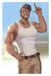  1boy artist_name bara beard belt biceps black_hair blue_eyes blurry blurry_background commission dark-skinned_male dark_skin day ear_piercing earrings exelionstar facial_hair final_fantasy final_fantasy_xiv gem glasses highres jewelry long_sideburns looking_at_viewer male_focus manly mature_male muscular muscular_male necklace original pants pectorals piercing ring sideburns smile solo tank_top thick_arms 