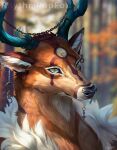  2022 antlers artist_name black_nose blurred_background brown_body brown_fur cervid detailed digital_media_(artwork) fluffy fur gear horn light lighting mammal rhythmpopfox shaded solo white_body white_fur 