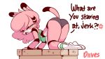  &lt;3 2022 animated anthro blush butt clothed clothing cute_fangs dialogue diives english_text felid female fur hi_res looking_at_viewer looking_back mammal open_mouth pantherine pink_body pink_fur text tiger xigua xingzuo_temple zhongzi 