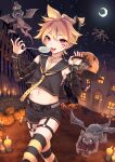  1boy absurdres aroeruji3 basket bass_clef belt black_belt black_nails black_shorts blonde_hair body_markings candle candy chocolate chocolate_bar commentary_request crescent_moon detached_sleeves earrings facial_mark fence food gargoyle halloween halloween_bucket halloween_costume happy_halloween highres holding holding_basket holding_candy holding_food holding_lollipop horns house jack-o'-lantern jewelry kagamine_len lollipop male_focus midriff moon navel night pumpkin red_eyes ring sailor_collar short_shorts shorts sky solo spiked_hair star_(sky) starry_sky striped_clothes striped_thighhighs thighhighs tongue tongue_out vocaloid 