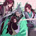  2boys 4boys aged_down animalization assssaint bamboo_print bindi black_hair black_hanfu blush blush_stickers brown_hair chair child chinese_clothes clenched_hands clone_harem closed_mouth commentary_request curtained_hair dog floating_hair flying_sweatdrops furrowed_brow green_hanfu green_outline half_updo hand_fan hanfu heart heart_background highres holding holding_fan korean_commentary korean_text long_hair long_sleeves looking_at_another luo_binghe multiple_boys no_mouth on_chair outline parted_bangs parted_lips person_and_animalization pink_background ponytail pursed_lips red_eyes renzha_fanpai_zijiu_xitong ribboned_xiao_guan shaded_face shen_qingqiu shoulder_tilt sitting sitting_on_lap sitting_on_person tail tail_wagging tearing_up very_long_hair wavy_hair wide-eyed wide_sleeves zuiyin 