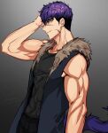  1boy bara biceps ear_piercing highres jacket long_sideburns looking_at_viewer male_focus manly muscular muscular_male ninetyyou original pectorals piercing purple_hair scar scar_on_face sideburns slit_pupils smile solo tail tank_top thick_arms tusks 
