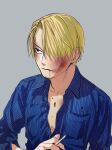  1boy 4myaku1 black_eyes blonde_hair blood blood_from_mouth blue_shirt bruise bruise_on_face cigarette hair_over_one_eye highres holding holding_cigarette injury male_focus one_piece sanji shirt simple_background solo 