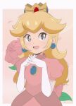  1980s_(style) blonde_hair blue_eyes brooch chocomiru crown dress earrings floral_background flower gloves jewelry long_dress long_hair mario_(series) pink_dress princess princess_peach retro_artstyle rose tiara upper_body white_gloves 