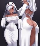  1girl arachne arthropod_girl ass ass_visible_through_thighs breasts commentary cslucaris dark-skinned_female dark_skin english_commentary from_side ghost_costume grey_hair halloween_costume highres large_breasts licking_lips looking_at_viewer looking_back lucille_(cslucaris) monster_girl original red_eyes sheet_ghost smile spider_girl taur thighhighs tongue tongue_out wide_hips 