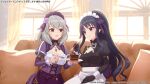  2girls apron armlet assault_lily black_gloves black_hair black_shirt breasts brooch buttons cake cake_slice center_frills cleavage cleavage_cutout closed_mouth clothing_cutout commentary_request copyright_notice couch cross-laced_clothes cross-laced_dress cushion day dress eye_contact flower food fork frilled_dress frilled_shirt frills gloves grey_hair hair_between_eyes hair_flower hair_ornament hair_ribbon hand_on_lap hand_up hands_up hata_matsuri high_ponytail highres holding holding_fork holding_plate indoors jewelry juliet_sleeves light_particles long_hair long_sleeves looking_at_another maid maid_headdress medium_breasts medium_hair multiple_girls neck_ribbon official_alternate_costume official_art on_couch parted_lips plate ponytail puffy_sleeves purple_dress purple_eyes purple_flower purple_ribbon ribbon ring shirai_yuyu shirt sidelocks sitting smile tyenka7728 upper_body very_long_hair waist_apron white_ribbon window 