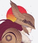  1girl artist_name closed_mouth covered_eyes elden_ring from_side helmet highres long_hair malenia_blade_of_miquella mechanical_arms portrait profile prosthesis prosthetic_arm red_hair single_mechanical_arm solo winged_helmet yanobrk 