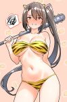  1girl absurdres animal_print baseball_bat bikini black_hair blush breasts cleavage collarbone commentary_request furaggu_(frag_0416) highres holding holding_baseball_bat kantai_collection large_breasts metal_baseball_bat nachi_(kancolle) print_bikini side_ponytail sidelocks solo spoken_squiggle squiggle swimsuit tiger_print variant_set yellow_bikini 