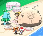 2026 after_vore beach beach_towel belly big_belly big_breasts big_nose bikini biped blonde_hair blue_body blue_clothing blue_eyes blue_pianta blue_skin blue_topwear blue_vest body_outline bottomwear breasts chabble clothing colored dialogue digital_drawing_(artwork) digital_media_(artwork) dot_eyes ear_piercing ear_ring elemental_creature elemental_humanoid english_description english_text eyewear eyewear_on_head featureless_feet feet female fungi_fauna fungi_humanoid fungus grass_skirt green_grass group hair half-closed_eyes hand_on_nose hi_res huge_belly human humanoid long_hair looking_at_another luggage male mammal mario_bros mushroom_cap narrowed_eyes nintendo open_mouth pianta_(super_mario_sunshine) piercing pink_bikini pink_clothing pink_swimwear plant_on_head princess_daisy princess_peach propped_up ring_piercing sand shorts simple_eyes sitting speech_bubble standing sunglasses sunglasses_on_head swimwear talking_to_another text thinking toad_(character) toad_(mario) tongue topwear towel two-piece_swimsuit vest vore walking water white_body white_bottomwear white_clothing white_sclera white_shorts white_skin 