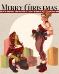  2girls antlers batman_(series) blonde_hair blush box capelet christmas christmas_ornaments christmas_present dc_comics dress eye_contact fake_antlers fur-trimmed_capelet fur_trim gift gift_box gloves harlequin harley_quinn highres horns long_hair looking_at_another mausinner monster_girl multiple_girls open_mouth plant_girl poison_ivy red_capelet red_gloves red_hair reindeer_antlers sack santa_costume santa_dress smile yuri 
