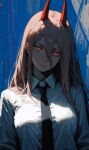  1girl absurdres ai-generated black_necktie blonde_hair blue_background breasts chainsaw_man closed_mouth demon_girl demon_horns hashtag-only_commentary head_tilt highres horns large_breasts long_hair looking_at_viewer lxlbanner necktie power_(chainsaw_man) shirt solo upper_body white_shirt yellow_eyes 
