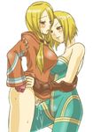  2girls bare_shoulders blonde_hair blush bodysuit bottomless brown_eyes clothed crotch_rub female final_fantasy final_fantasy_tactics fingerless_gloves frottage geomancer geomancer_(fft) gloves long_hair monk monk_(fft) multiple_girls night-light pubic_hair pussy pussy_juice red_eyes short_hair smile sweat twintails uncensored yuri 