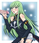  bare_shoulders blush body_blush brown_eyes c.c. cc censored code_geass cum cum_in_mouth cum_on_face detached_sleeves facial female green_hair jun_atsushi long_hair open_mouth penis thighhighs 