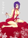  1girl bare_shoulders breasts cecile_croomy code_geass dress female grey_background high_heels invitation large_breasts long_hair looking_at_viewer lowres midriff navel nipples no_bra purple_eyes purple_hair shoes short_hair simple_background sitting solo the_(pixiv165889) translated wariza 