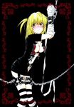  amane_misa bandage bandages bdsm blonde_hair blush bondage bound breasts chain chains cleavage cuffs death_note earrings jewelry necklace rosary striped stripes sweat thighhighs torn_clothes 