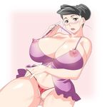  bb black_hair blush breasts cameltoe glasses highres huge_breasts milf nipples see-through tamanegiya thong 