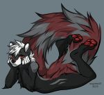  2019 4_toes ailurid angiewolf anthro black_fur black_nose digital_media_(artwork) fur hair lying male mammal on_front pawpads red_)eyes red_fur red_panda red_pawpads simple_background solo toes white_hair 