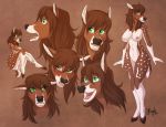  2018 5_fingers alchemy_(character) anthro blush breasts brown_hair cervid cervine digital_media_(artwork) expressions female green_eyes grin hair half-closed_eyes hi_res hooves kaylii looking_aside looking_at_viewer looking_up mammal multiple_scenes nipple_piercing nipples nude open_mouth piercing pinup pose pussy raised_eyebrows short_tail simple_background sitting smile solo standing 
