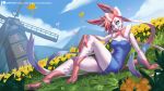  2019 alanscampos anthro anthrofied cloud digital_media_(artwork) eeveelution female flower grass hi_res mountain nintendo outside patreon plant pok&eacute;mon pok&eacute;mon_(species) pok&eacute;morph sky smile solo sylveon url video_games windmill 