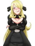  :q arms_under_breasts blonde_hair blush breast_hold breasts cleavage crossed_arms hair_ornament hair_over_one_eye large_breasts licking_lips long_hair naughty_face pokemon pokemon_(game) pokemon_dppt ribonzu shirona_(pokemon) smile solo tongue tongue_out very_long_hair white_background 
