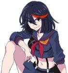  1girl black_hair black_sailor_collar blue_eyes breasts commentary_request cowboy_shot highres kill_la_kill life_fiber living_clothes matoi_ryuuko midriff multicolored_hair navel no_dickey red_hair red_streaks rioco sailor_collar school_uniform senketsu serafuku short_hair simple_background skirt smile solo streaked_hair suspenders two-tone_hair white_background 