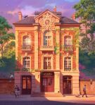  1boy 2girls animal backpack bag bicycle bird blue_shirt blue_sky brown_bag brown_pants building cat commentary day denim dog door english_commentary english_text feathers flock green_feathers highres jeans multiple_girls original outdoors painterly pants parrot plant purple_sky scenery shirt sidewalk sky sunlight sylvain_sarrailh tree vines web_address welsh_corgi white_pants white_shirt window 