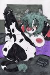 anthro bed bed_sheet bedding big_breasts big_butt blush bovid bovine box breasts butt cattle container dialogue drawing female furniture genitals green_eyes green_hair hair hand_behind_head hi_res holstein_friesian_cattle inviting_to_sex legs_up lying lying_on_bed mammal mootsncompany mumei_(mootsncompany) nude on_bed simple_background sketch solo speech_bubble tail tail_tuft traditional_media_(artwork) tuft vulva