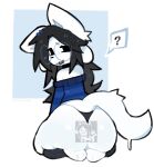 2026 accessory anthro big_butt black_clothing black_hair black_legwear black_thong black_underwear blue_clothing blue_sweater blue_topwear butt clothed clothing colored cute_fangs digital_drawing_(artwork) digital_media_(artwork) eyewear fangs female glasses hair hair_accessory hairclip legwear long_hair looking_at_viewer looking_back looking_back_at_viewer off_shoulder open_mouth pattern_clothing pattern_sweater pattern_topwear question_mark rear_view round_glasses shaded simple_background sitting solo striped_clothing striped_sweater striped_topwear stripes sweater tail teeth temmie_(undertale) thick_thighs thong topwear undertale undertale_(series) underwear vixenisdum wearing_glasses white_body