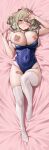  1girl areola_slip bandaid bandaids_on_nipples blue_eyes blue_one-piece_swimsuit blush breasts brown_hair collarbone commentary dakimakura_(medium) drill_hair drill_sidelocks ebifurya full_body hatakaze_(kancolle) heavy_breathing highres kantai_collection knee_up large_breasts long_hair looking_at_viewer lying navel no_shoes on_back one-piece_swimsuit parted_lips pasties sheet_grab sidelocks skindentation solo sweat swimsuit thighhighs thighs very_sweaty white_thighhighs 