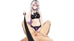  black_bow black_bowtie black_bra black_panties bow bowtie bra bubblebebe bubblebebe_(artist) checkered_bow checkered_bowtie checkered_clothes choker dildo highres holding holding_leash imminent_pegging indie_virtual_youtuber leash long_hair mole mole_under_eye panties penis pov sex_toy strap-on transparent_background underwear viewer_on_leash virtual_youtuber white_hair yellow_eyes 