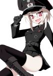  1girl absurdres belt black_gloves black_thighhighs blazer blonde_hair blush boots breasts commentary cross epaulettes gloves hat highres iron_cross jacket jiseki_rena lace-up_boots long_hair looking_at_viewer military_uniform open_mouth original peaked_cap pleated_skirt red_eyes rena_(jiseki_rena) skindentation skirt small_breasts solo thigh_focus thighhighs thighs totenkopf white_background zettai_ryouiki 