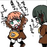  2girls black_hair black_pantyhose black_socks blunt_bangs blunt_ends blush_stickers bob_cut brown_dress brown_shoes cerise_bouquet coin_purse commentary_request deformed dress flower_knot hair_ornament hasu_no_sora_school_uniform hinoshita_kaho kneehighs link!_like!_love_live! loafers long_sleeves looking_at_another love_live! medium_dress medium_hair momose_ginko multiple_girls neckerchief open_mouth pantyhose pleated_dress rabbit_hair_ornament red_neckerchief sailor_collar sailor_dress school_uniform shinanoya_(satanicad) shoes short_hair simple_background socks sweatdrop translation_request two_side_up virtual_youtuber white_background white_sailor_collar winter_uniform yellow_neckerchief 