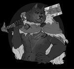  abs anthro blaidd_(elden_ring) canid canine canis cape claws clothed clothing elden_ring fangs greatsword greyscale hand_on_hip hi_res male mammal midriff monochrome muscular muscular_male partially_clothed scar solo vectober wolf 