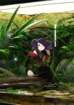  1girl bangs black_jacket black_legwear black_shirt blue_eyes closed_mouth diagonal_bangs from_side hand_up highres idolmaster idolmaster_shiny_colors jacket long_hair long_sleeves looking_at_viewer looking_to_the_side plant puffy_long_sleeves puffy_sleeves purple_hair shirt sitting solo tanaka_mamimi thighhighs twintails water zhili_xingzou 