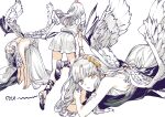  1girl barefoot caren_hortensia caren_hortensia_(amor_caren) dress fate/grand_order fate_(series) gladiator_sandals highres noko_morokoshi sandals white_background white_dress white_hair wings yellow_eyes 