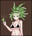  1girl absurdres black_bra bra breasts brown_background citrusxavi green_eyes green_hair highres index_finger_raised large_breasts lightning navel no_panties nyanko_daisensou out-of-frame_censoring ponytail sparks tattoo tribal_tattoo unamused underwear wavy_hair 