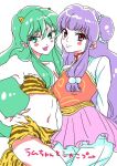  animal_print bikini chinese_clothes commentary_request double_bun green_hair hair_bun lum mn purple_hair ranma_1/2 shampoo_(ranma_1/2) strapless strapless_bikini swimsuit tiger_panties tiger_print urusei_yatsura 