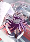  1girl architecture breasts building dress east_asian_architecture feathered_wings feathers flying gem grey_hair highres jacket kishin_sagume large_breasts long_sleeves looking_to_the_side purple_dress purple_gem red_eyes sagume_day short_hair single_wing solo touhou white_feathers white_wings wings 