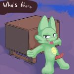 anthro beedee_(bunderkin) bunderkin dragon erection exhibitionism green_body hiding lizard male mythological_creature mythological_scalie mythology presenting public public_nudity reptile rexthenurse scalie slit_penis solo teeth tongue