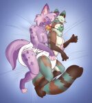 abdl ageplay anthro anthro_on_anthro bedding bedding_background black_body black_fur blush brown_body brown_fur cheek_tuft closed_smile clothed clothing diaper duo eyes_closed facial_tuft featureless_crotch female female/female female_anthro fur gloves_(marking) hair hardscales hi_res infantilism leg_markings lying mammal markings mouth_closed object_in_mouth on_side pacifier pacifier_in_mouth procyonid purple_body purple_fur purple_hair raccoon roleplay side_view sleeping smile socks_(marking) species_request spotted_arms spotted_legs striped_markings striped_tail stripes tail tail_markings teal_body teal_fur teal_hair teal_nose topless tuft wearing_diaper white_diaper