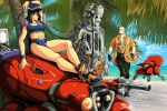  1980s_(style) 1girl 2boys absurdres arm_cannon artificial_eye asahi_breweries batou_(gits) beach beer_bottle beer_can blue_sky brain bud_light cable can commentary cooler cybermen cyberpunk cyborg day doctor_who drink_can english_commentary english_text fingerless_gloves fuchikoma ghost_in_the_shell glass_bottle gloves heineken highres holding holding_can humanoid_robot kusanagi_motoko mechanical_eye multiple_boys ocean otaking outdoors palm_tree retro_artstyle robot sand shoes sky sneakers sports_bra sports_panties tree weapon 
