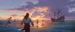  5boys beach blue_sky cloud cloudy_sky commentary dusk english_commentary flock from_behind gradient_sky highres multiple_boys ocean original outdoors painterly pirate_ship running sailing_ship scenery shore sky sunlight sylvain_sarrailh water web_address wreckage yellow_sky 